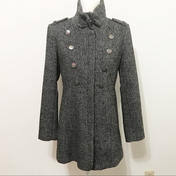 Guess Jackets & Blazers - Guess Gray & Black Tweed Wool Military Pea Coat